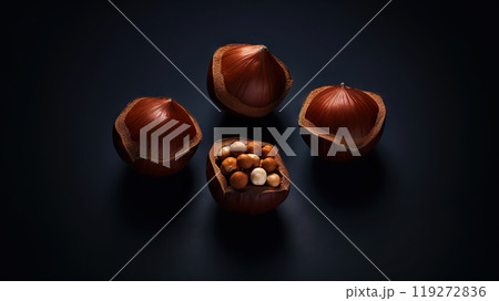 Large group og Hazelnuts on dark backdrop. Food background. Generative AI 119272836