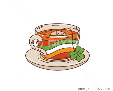 Cartoon Irish tea cup, saint Patrick day beverage. Isolated vector glass transparent mug on saucer with Ireland flag colors of green, white and orange, and teabag with shamrock, clover trefoil plant 119272906
