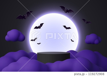 3d Halloween podium with flying bats and midnight moon. Vector night mysterious background with featuring dark round scene surrounded by flying bats and purple clouds set against a glowing full moon 119272908