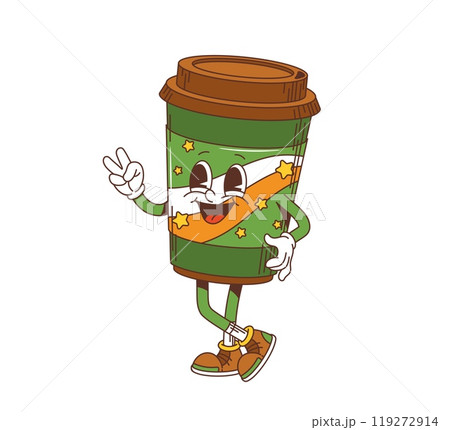 Cartoon groovy Irish coffee character, saint Patrick day holiday retro personage. Isolated vector green disposable cup with Irish flag and stars pattern, happy face, peace gesture and funky 60s vibes Cartoon groovy Irish coffee character, saint Patrick day holiday retro personage. Isolated vector green disposable cup with Irish flag and stars pattern, happy face, peace gesture and funky 60s vibes 119272914