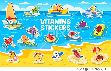 Stickers pack of cartoon vitamin characters on summer vacation. Vector supplement capsules enjoying beach and water activities, such as surfing, swimming, and sunbathing, windsurfing and supboarding 119272916
