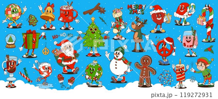 Retro cartoon groovy Christmas characters, Xmas and New Year holidays vector stickers. Funny Santa Claus, Christmas tree and snowman with gift. Funky hippie peace sign and candy cane groovy personages Retro cartoon groovy Christmas characters, Xmas and New Year holidays vector stickers. Funny Santa Claus, Christmas tree and snowman with gift. Funky hippie peace sign and candy cane groovy personages 119272931