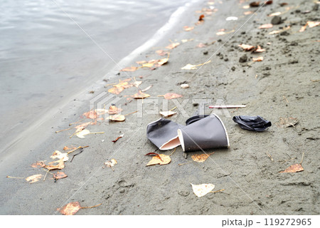 Environmental impact of littered coffee cup on sandy lakeshore with fallen leave Environmental impact of littered coffee cup on sandy lakeshore with fallen leave 119272965
