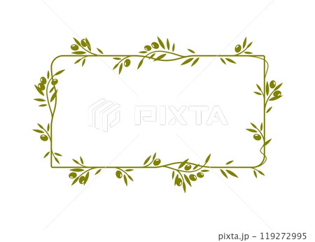 Olive leaves, tree branches and fruits frame. Vector green olives wreath with floral vines, mediterranean cuisine food, vegetable oil and natural cosmetics label. Branches and leaves square frame Olive leaves, tree branches and fruits frame. Vector green olives wreath with floral vines, mediterranean cuisine food, vegetable oil and natural cosmetics label. Branches and leaves square frame 119272995
