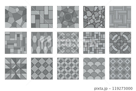 Grey stone street pavement patterns. Paving tile, cobblestone brick and stone floor samples top view. Vector concrete walkway, alley, outdoor patio repeat surface. Street gray garden sidewalk mosaic Grey stone street pavement patterns. Paving tile, cobblestone brick and stone floor samples top view. Vector concrete walkway, alley, outdoor patio repeat surface. Street gray garden sidewalk mosaic 119273000