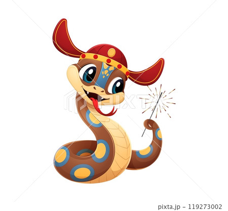 Cartoon snake character wearing a festive hat celebrates the Chinese New Year 2025. Vector funny reptile holding a sparkler, symbolizing holiday festivity, joy and excitement, happiness and tradition 119273002