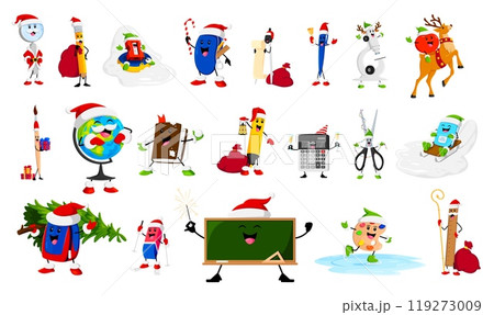 Cartoon Christmas school education items, stationery and book characters. Xmas holiday supplies of vector cute pencil, pen, paint brush and ruler personages with Christmas tree, Santa gift bag, deer Cartoon Christmas school education items, stationery and book characters. Xmas holiday supplies of vector cute pencil, pen, paint brush and ruler personages with Christmas tree, Santa gift bag, deer 119273009