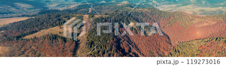 Panoramic aerial view of colorful slopes of mountains on a sunny day. View of the mountains in autumn. Beautiful nature landscape. Carpathian mountains. Ukraine Panoramic aerial view of colorful slopes of mountains on a sunny day. View of the mountains in autumn. Beautiful nature landscape. Carpathian mountains. Ukraine 119273016