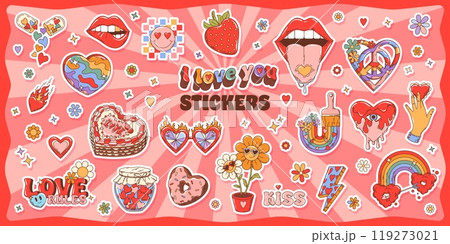 Groovy valentine love stickers and y2k stickers pack. Cartoon hearts, flowers, lips, peace symbols, love-related phrases and rainbows, sunglasses and sweets with retro hippie aesthetic and bold colors 119273021