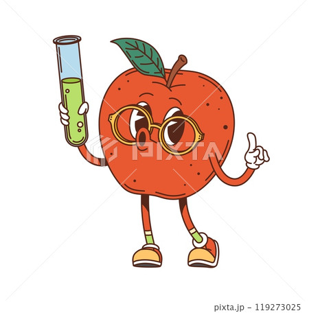 Groovy red apple character in eyeglasses and flask. Cartoon vector ripe fruit food personage with a vintage, retro y2k, hippie school vibe teaching chemistry lesson for kids, gives off a funky mood Groovy red apple character in eyeglasses and flask. Cartoon vector ripe fruit food personage with a vintage, retro y2k, hippie school vibe teaching chemistry lesson for kids, gives off a funky mood 119273025
