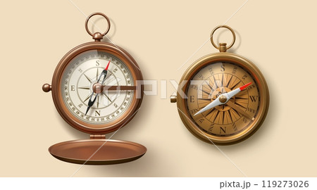 Realistic antique nautical bronze compass with wind rose. 3d vector tools for maritime navigation showing detailed degrees. Isolated vintage, nautical instruments for showing direction in the ocean 119273026