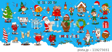 Retro cartoon groovy Christmas characters. Santa, tree, holly berries, candy cane and ball. Gifts and gingerbread house, letter, snowflake and bear, wreath, elf or bauble, ice skate, champagne glasses Retro cartoon groovy Christmas characters. Santa, tree, holly berries, candy cane and ball. Gifts and gingerbread house, letter, snowflake and bear, wreath, elf or bauble, ice skate, champagne glasses 119273031