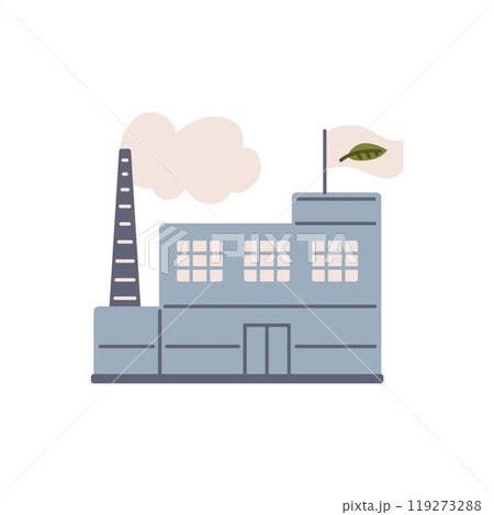 Slow fashion. Vector illustration of a factory with a chimney and a flag with a leaf. 119273288
