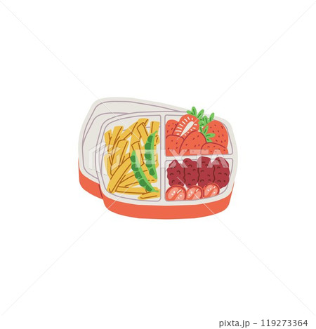 Bento box. Open red plastic lunch box with food. 119273364