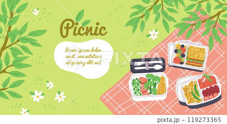 Vector illustration of a picnic in the park with a tablecloth and a bento box Vector illustration of a picnic in the park with a tablecloth and a bento box 119273365