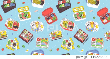 Vector seamless pattern with bento lunches with sushi, rolls, rice, fish on a blue background 119273382
