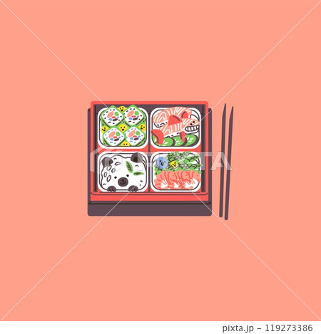 Vector illustration of a wooden lunch box with funny rice and fish characters with chopsticks 119273386