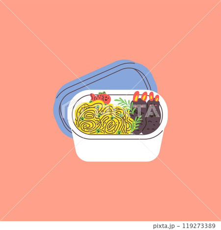 Opened childish bento box with food decorated with emoticons, vector lunchbox with pasta and cutlets, container with lid 119273389