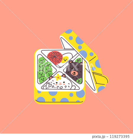Vector illustration of a bento box with kawaii characters of brown and white rice, peas, Vector illustration of a bento box with kawaii characters of brown and white rice, peas, 119273395