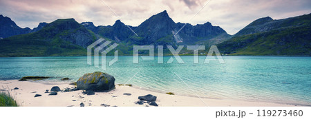 Fjord at sunset. Sandy beach with stones in the evening. Beautiful nature of Norway. Horizontal banner 119273460