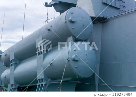 naval military background, concept, fragment of a modern warship with missile launcher containers 119273494