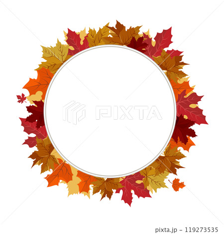 Vector isolated round frame of yellow dry autumn leaves. Border for text. Flat clipart for design 119273535
