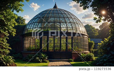 A dome-shaped geodesic garden greenhouse on a brick foundation. Independence and self-sufficiency, producing your own healthy food Illustration	 119273536