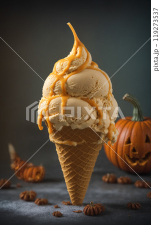 Curly Italian ice cream , ice cream in crunchy wafer drizzled with caramel on a dark background. Halloween Party sweets	 119273537