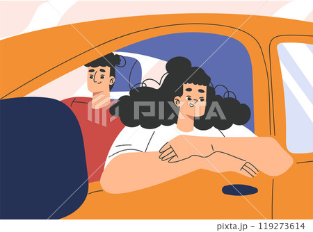 Man and Woman Character in Car Driving Enjoy Road Trip Vector Illustration 119273614