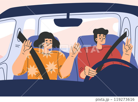 Man and Woman Character in Car Driving Enjoy Road Trip Vector Illustration Man and Woman Character in Car Driving Enjoy Road Trip Vector Illustration 119273616