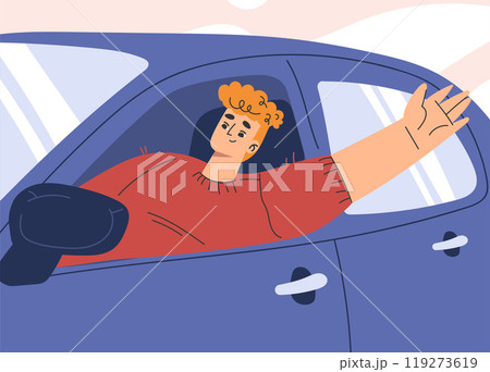 Man Character in Car Driving Enjoy Road Trip Vector Illustration Man Character in Car Driving Enjoy Road Trip Vector Illustration 119273619