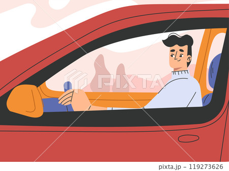 Man Character in Car Driving Enjoy Road Trip Vector Illustration Man Character in Car Driving Enjoy Road Trip Vector Illustration 119273626