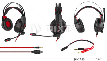 computer wired headphones, on a white background in insulation computer wired headphones, on a white background in insulation 119273756