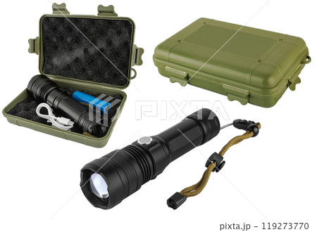LED camping flashlight, on a white background in insulation 119273770