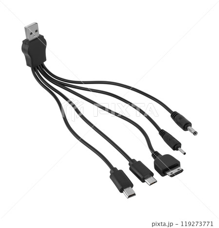 Universal adapter cable from USB connector to micro USB, mini-USB and other connectors, white background in insulation 119273771