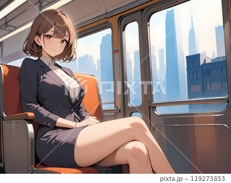 Cute young businesswoman sitting on a city train near the window, anime style drawing 119273853