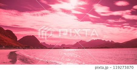 Fjord at sunset. Rocky beach in evening. Beach with white sand. Beautiful nature Norway. Lofoten islands. Viva magenta color toning. Horizontal banner 119273870