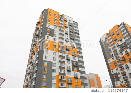 Modern high-rise apartment buildings in a residential area showcasing rental and mortgage 119274147