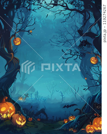 Blue Halloween background with pumpkin and tree. Abstract grunge wallpaper for design holiday party 119274267