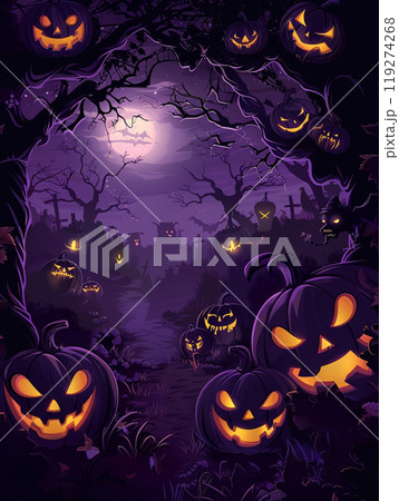 Violet Halloween background with pumpkin and tree. Abstract grunge wallpaper for holiday party 119274268