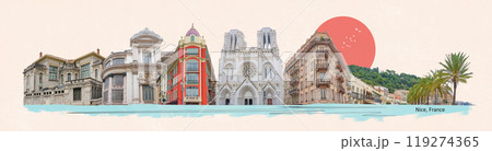 Antique houses in Nice, France, Europe. Cozy European town on French Riviera. Mediterranean chic. Vintage touristic postcard. Antique houses in Nice, France, Europe. Cozy European town on French Riviera. Mediterranean chic. Vintage touristic postcard. 119274365