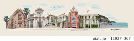 Antique houses in Nice, France, Europe. Cozy European town on French Riviera. Mediterranean chic. Vintage touristic postcard. 119274367