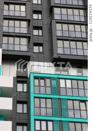 High-rise apartment buildings in a modern residential area showcasing rental and mortgage 119274374