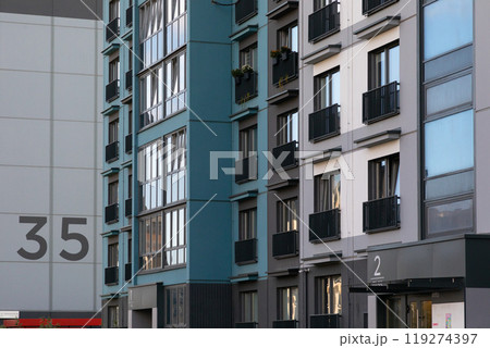 Modern high-rise apartment buildings in a bustling residential area for rent or mortgage with 119274397