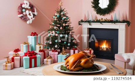 クリスマス、たくさんプレゼントの置かれた暖炉のある部屋 119274584