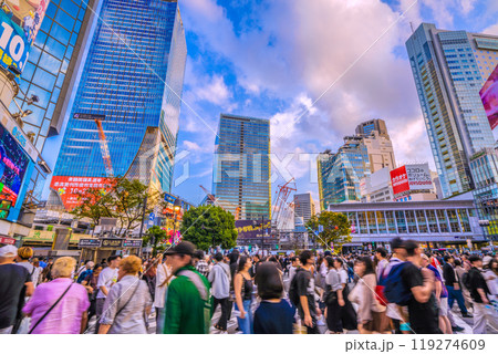日本の東京都市景観 外国人観光客らで賑わう渋谷スクランブル交差点などを望む＝14日 119274609