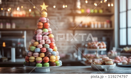 Christmas tree made of macaroon of different flavors and colors on a table in a bakery Christmas tree made of macaroon of different flavors and colors on a table in a bakery 119274797