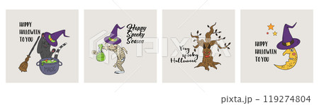 Set of 4 cards or posters with cute Halloween illustrations and greeting texts 119274804