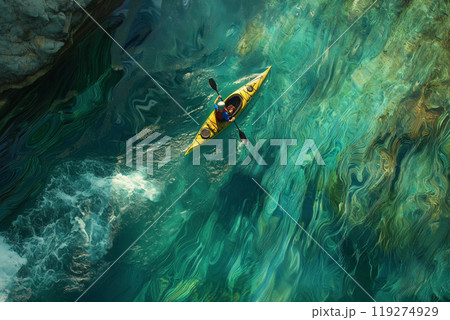 Aerial view of a kayak in the blue water Aerial view of a kayak in the blue water 119274929
