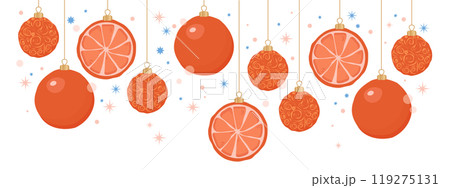 Merry Christmas card. Christmas tree ball banner. Season poster. Flat vector card with orange fruits as decor Merry Christmas card. Christmas tree ball banner. Season poster. Flat vector card with orange fruits as decor 119275131